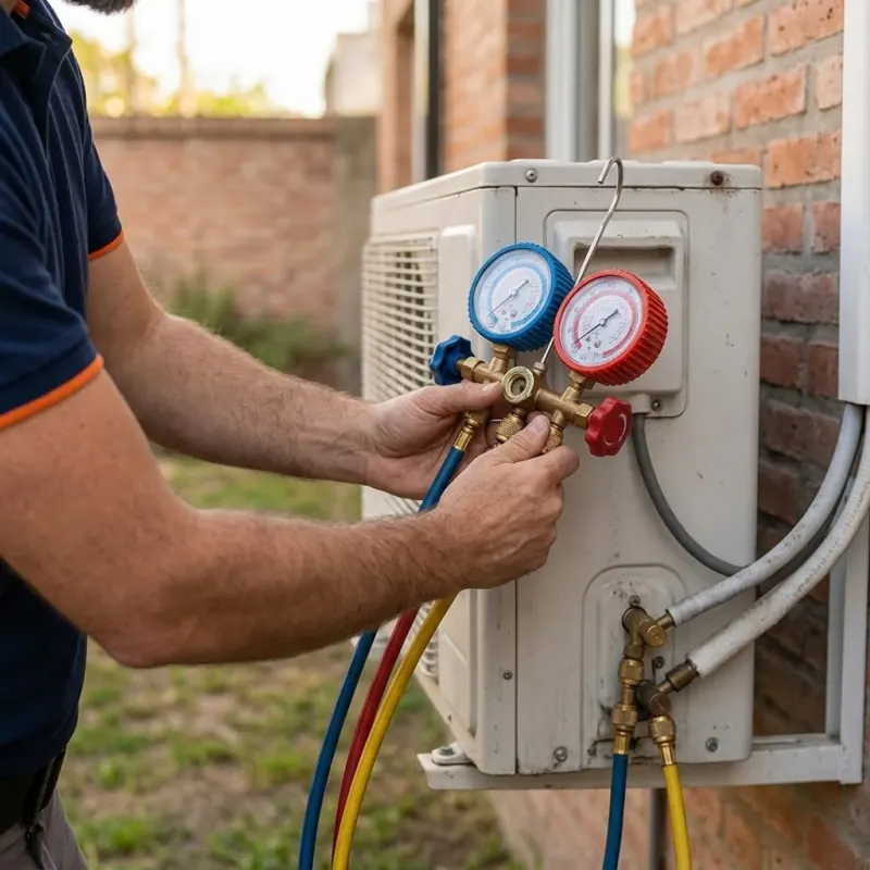 Técnico midiendo la presión de gas de un aire acondicionado