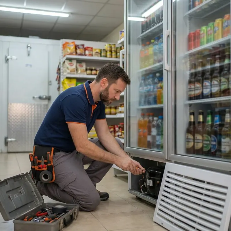 Técnico reparando una heladera exhibidora en un almacén