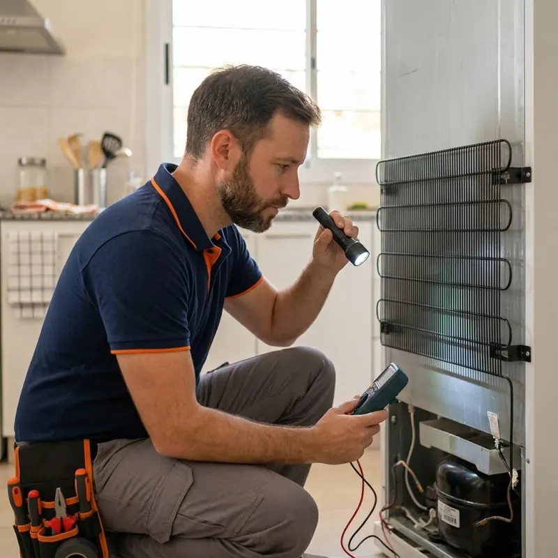 Técnico revisando la parte trasera de una heladera